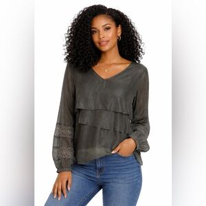 Addison Story by Anthropologie Gray Layered Chiffon Lace Sleeve Boho Blouse